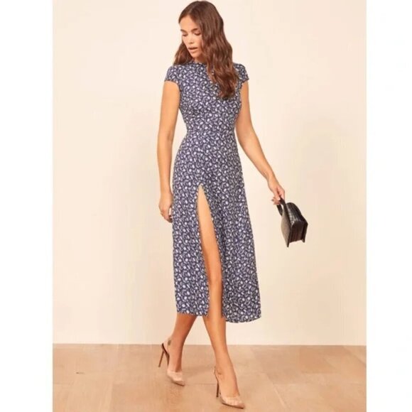 💕REFORMATION💕 Gavin Dress ~ Monterey Navy Blue Floral Print 4 - Picture 3 of 16